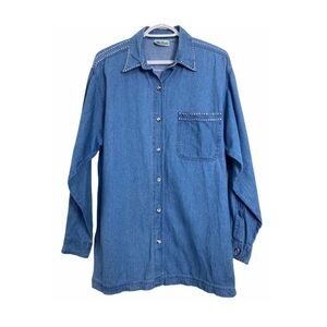 Vintage 90s Rhinestone Crystal Embellished Denim Tunic Shirt Star Medium Blue L